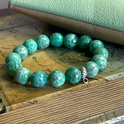 Green Agate Stretch Bracelet w/ Sterling Silver Accent
