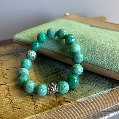 Green Agate Stretch Bracelet w/ Sterling Silver Accent