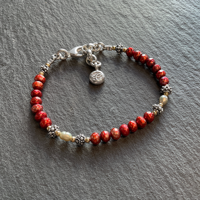 Faceted Red Freshwater Pearl & SS Bracelet