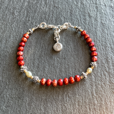 Faceted Red Freshwater Pearl & SS Bracelet