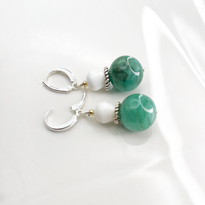 Natural Emerald & White Quartz Earrings in Sterling Silver
