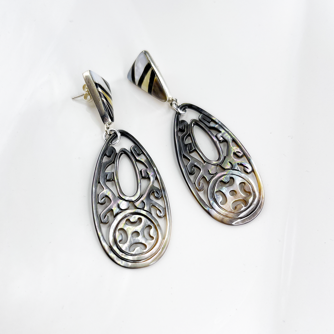 Carved Mother of Pearl Teardrop Earrings w/ Inlay Posts