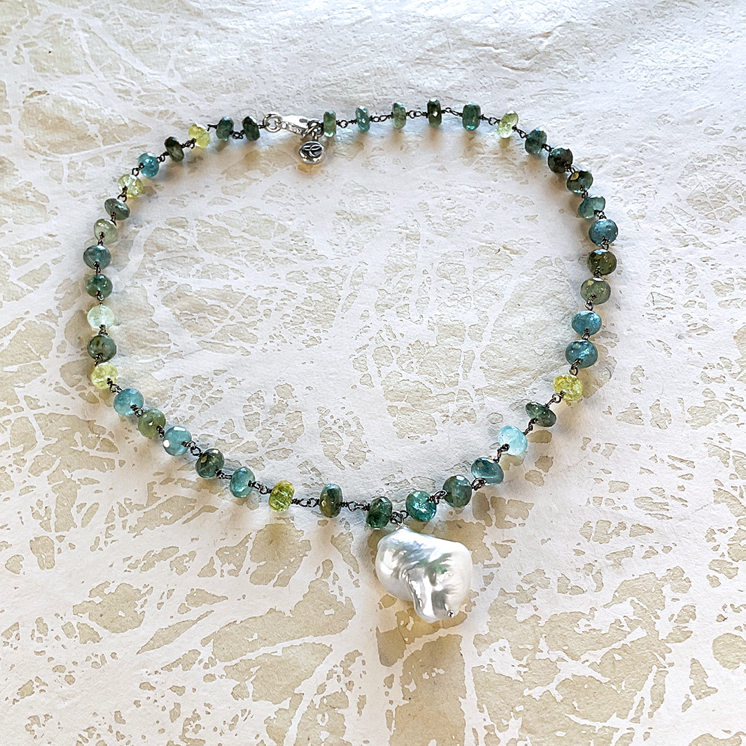 Moss Aquamarine & Baroque Pearl Necklace