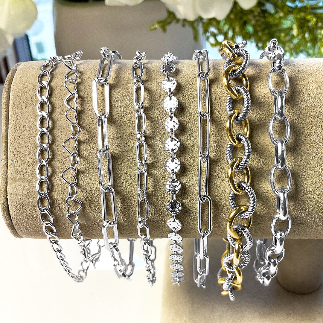 SS Hammered Disc Chain Bracelet w/ Pearl Accent