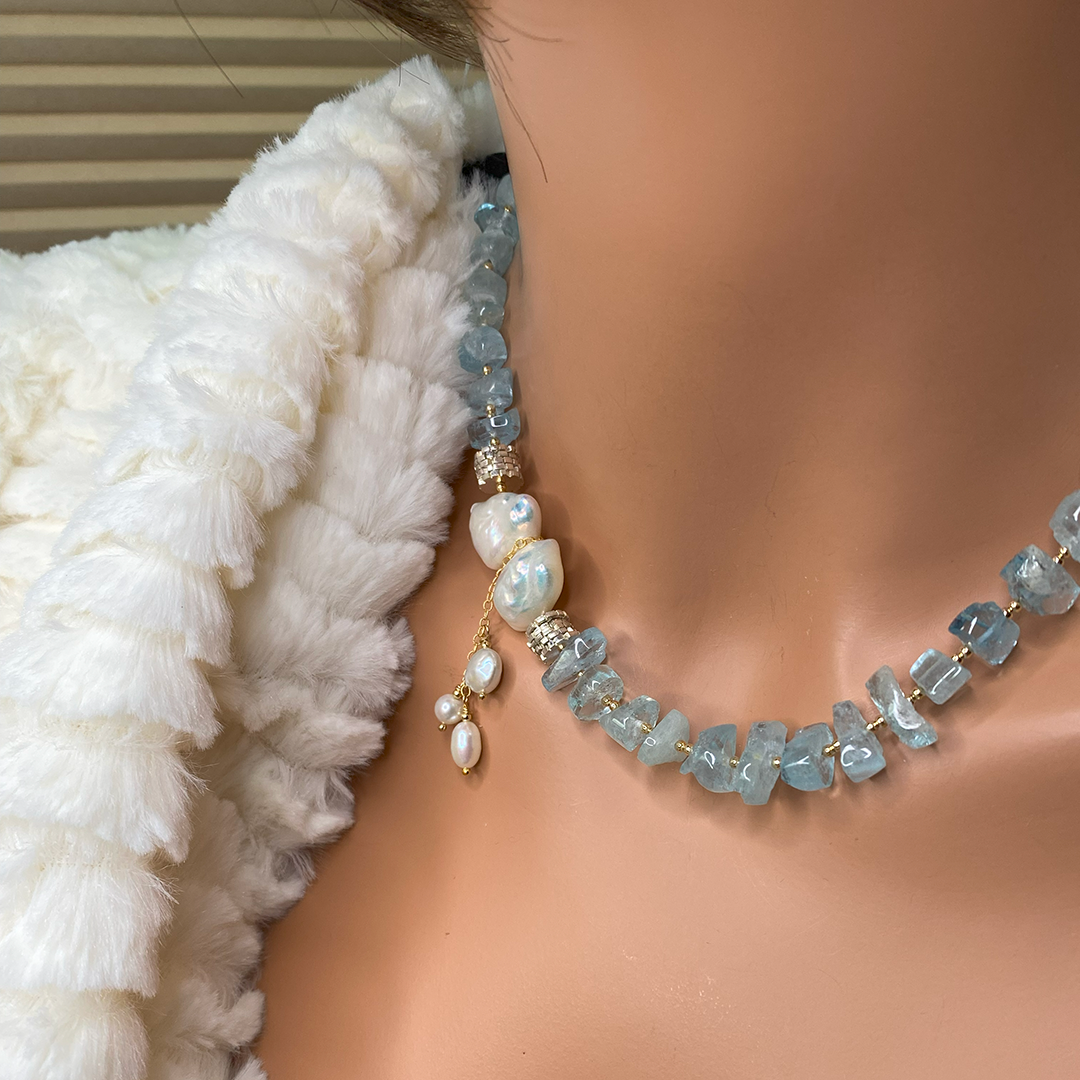 Tumbled Aquamarine & Freshwater Pearl Necklace