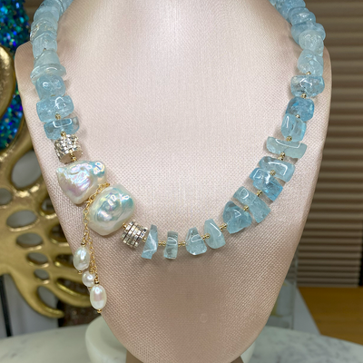 Tumbled Aquamarine & Freshwater Pearl Necklace
