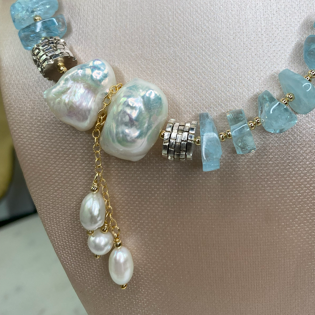 Tumbled Aquamarine & Freshwater Pearl Necklace