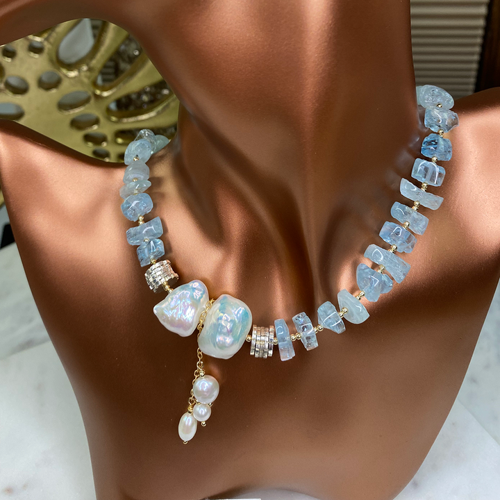 Tumbled Aquamarine & Freshwater Pearl Necklace – Elisa Ilana