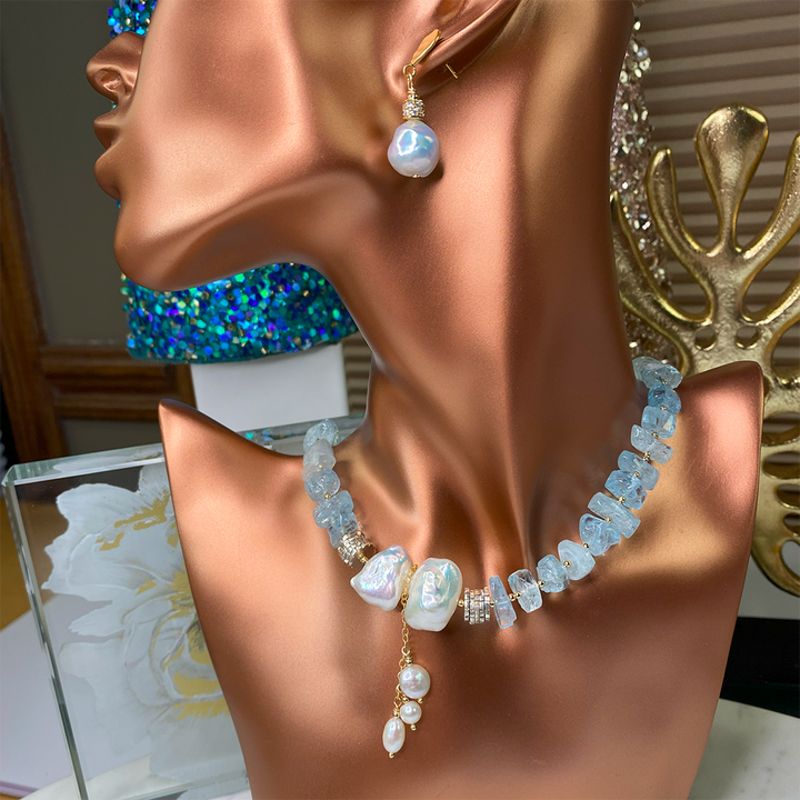 Tumbled Aquamarine & Freshwater Pearl Necklace – Elisa Ilana