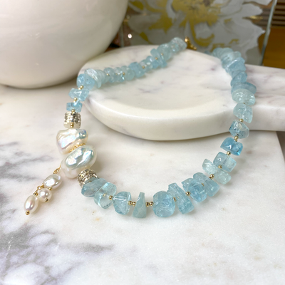 Tumbled Aquamarine & Freshwater Pearl Necklace