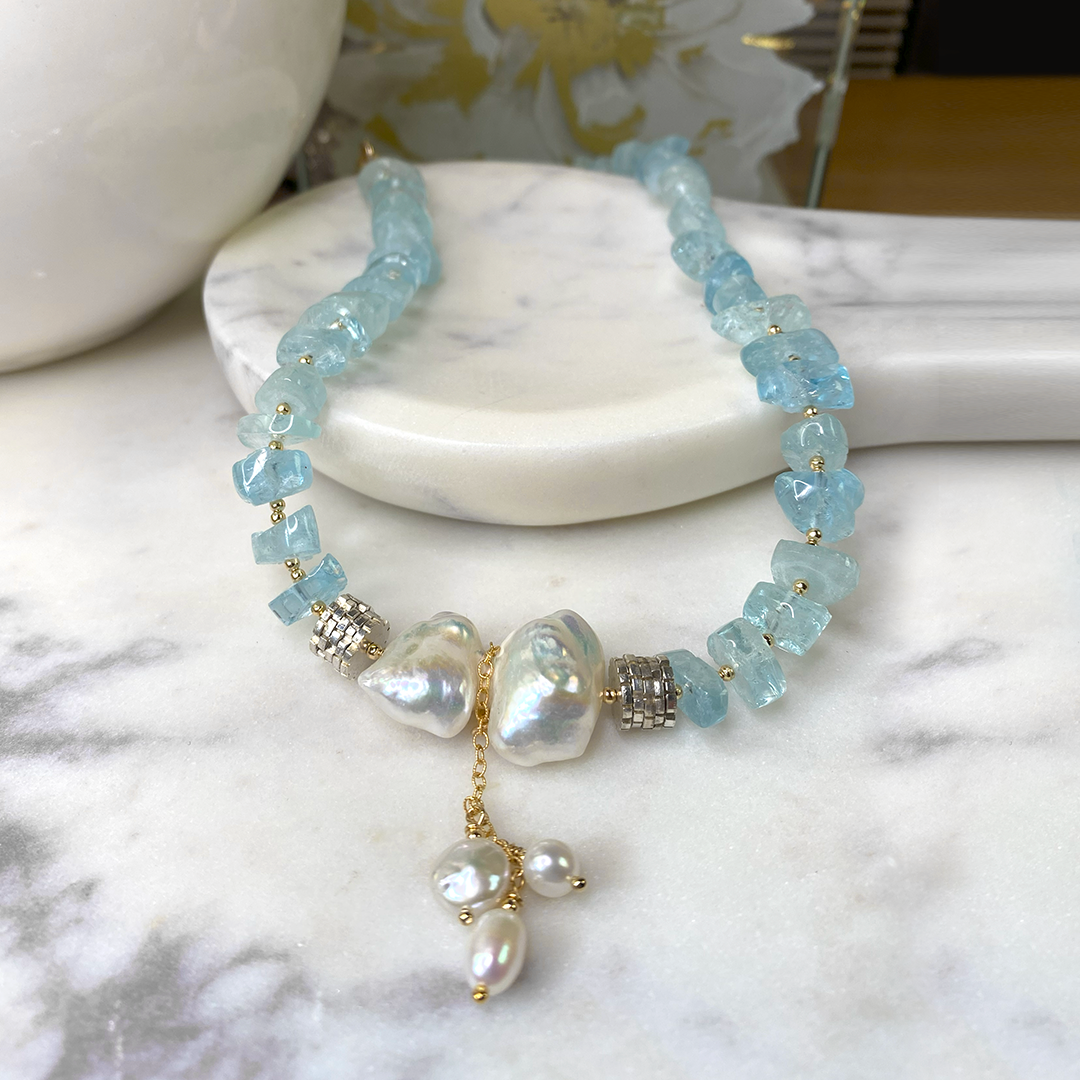 Tumbled Aquamarine & Freshwater Pearl Necklace