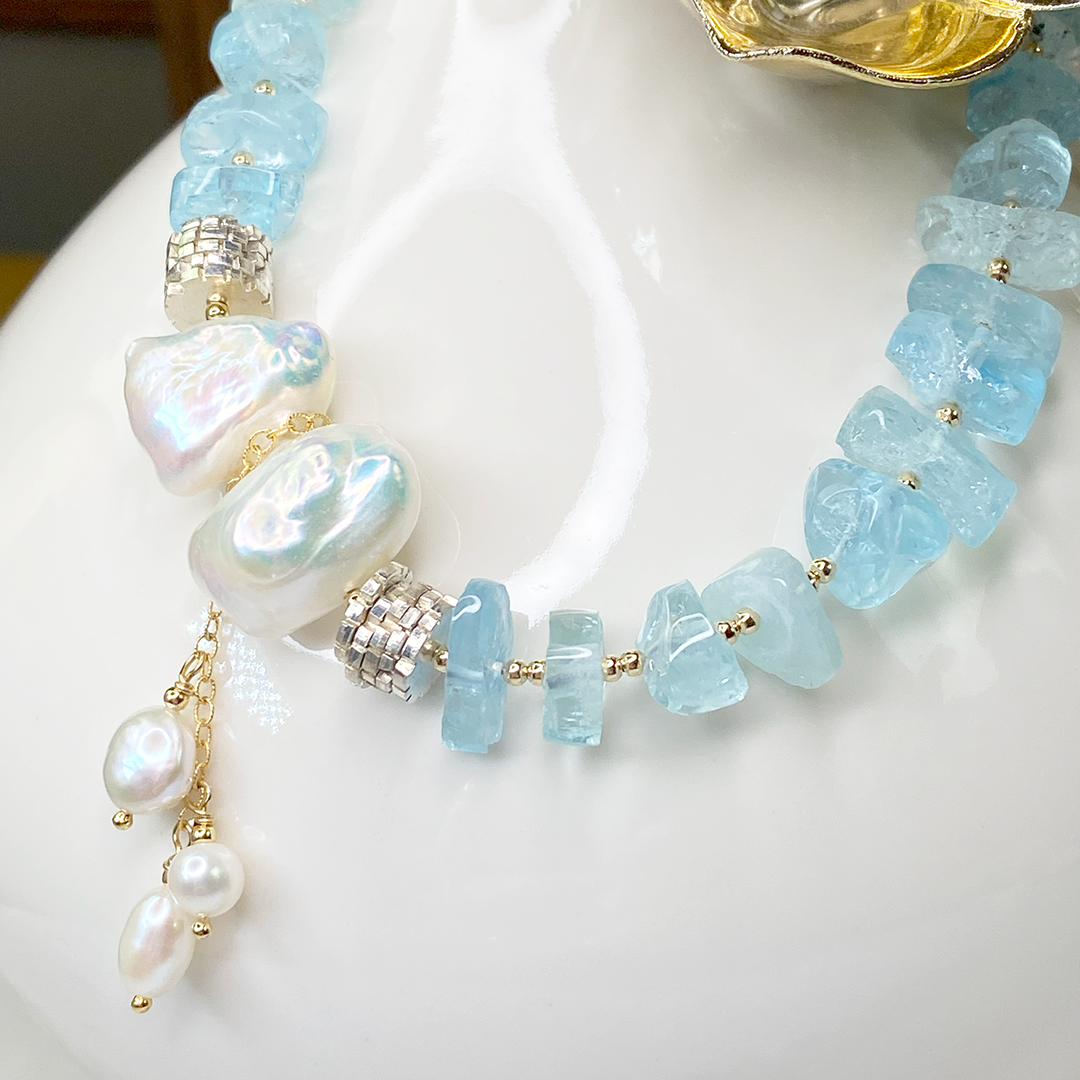 Tumbled Aquamarine & Freshwater Pearl Necklace