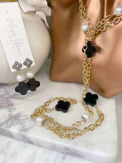 Onyx Quatrefoil & Button Pearl Necklace