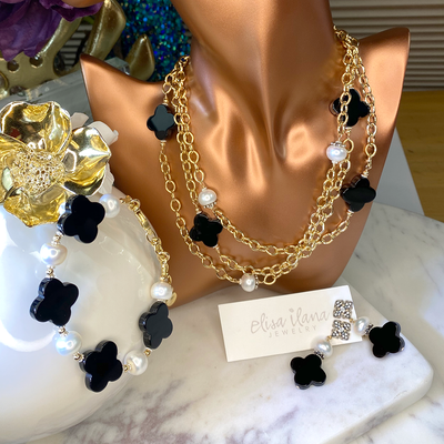 Onyx Quatrefoil & Button Pearl Necklace