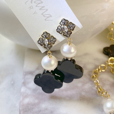 Onyx Quatrefoil & Button Pearl Earrings