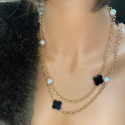 Onyx Quatrefoil & Button Pearl Necklace