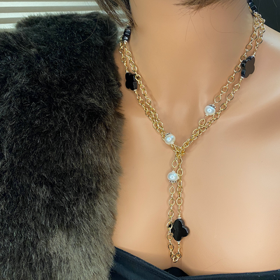 Onyx Quatrefoil & Button Pearl Necklace