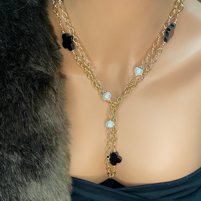 Onyx Quatrefoil & Button Pearl Necklace