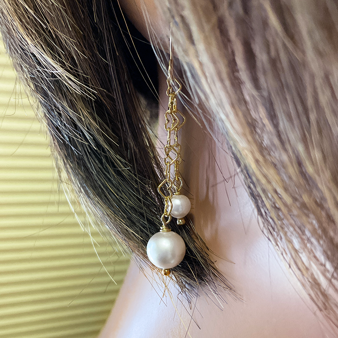 Pearl & 14KTGF Heart Chain Link Earrings