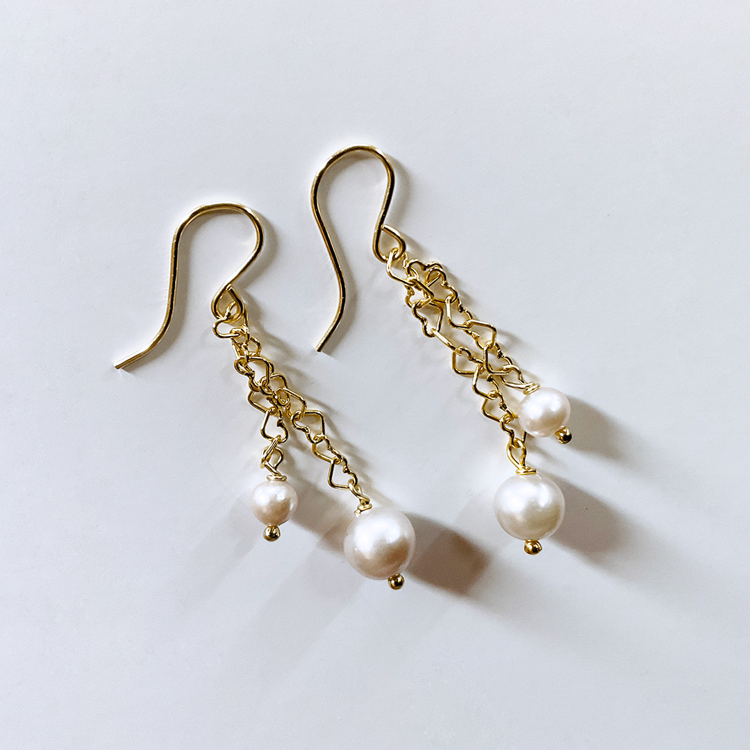 Pearl & 14KTGF Heart Chain Link Earrings