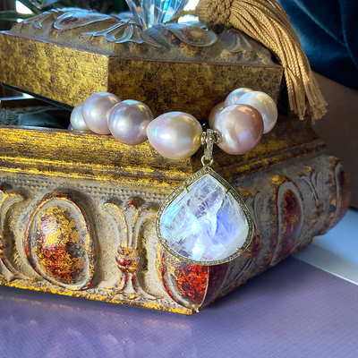 Freshwater Pearl Necklace with Rainbow Moonstone Teardrop Pendant