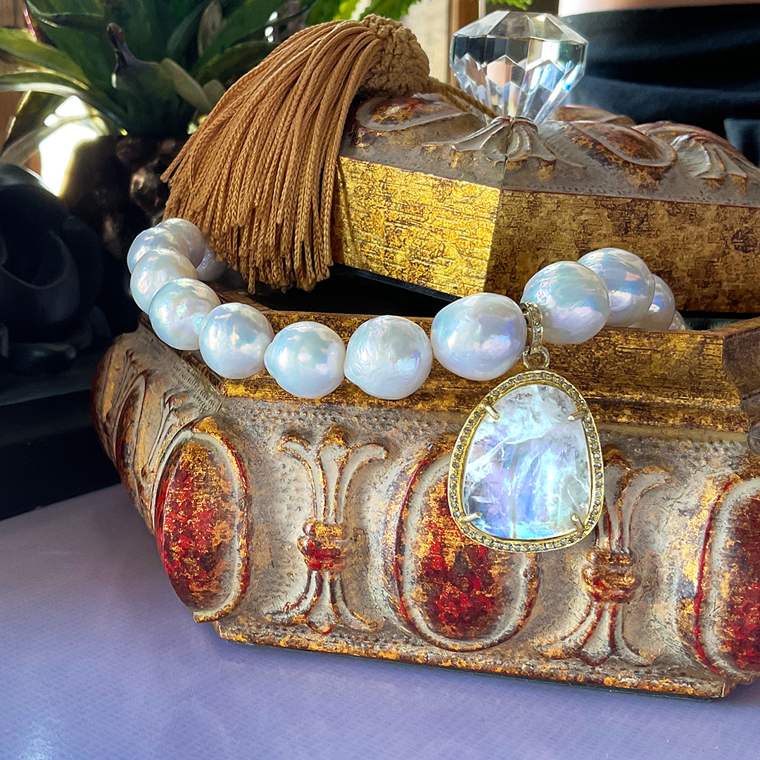 Freshwater Pearl Necklace with Faceted Rainbow Moonstone Pendant