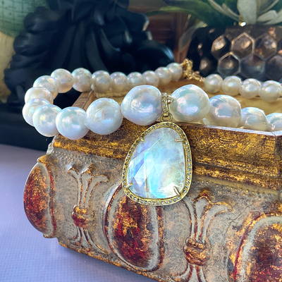 Freshwater Pearl Necklace with Faceted Rainbow Moonstone Pendant