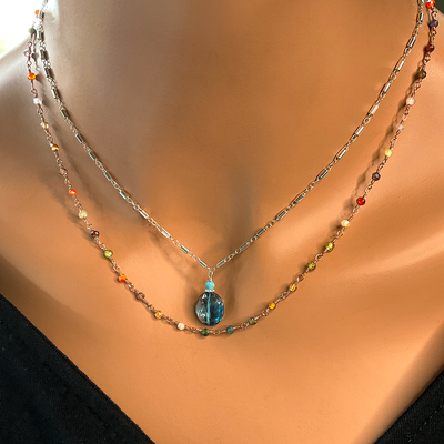 SS Station Chain w/ Blue Topaz Pendant