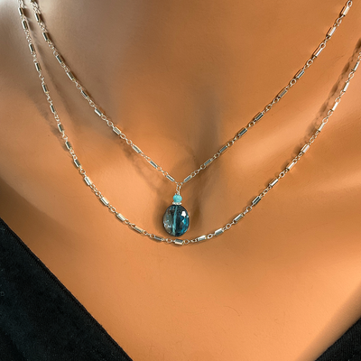 SS Station Chain w/ Blue Topaz Pendant