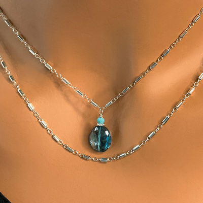 SS Station Chain w/ Blue Topaz Pendant