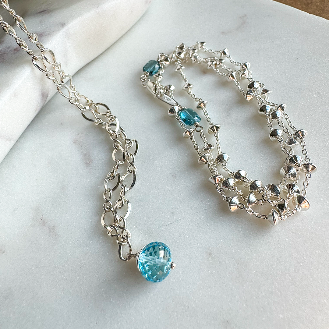 SS Chain Necklace w/ Faceted Gemstone
