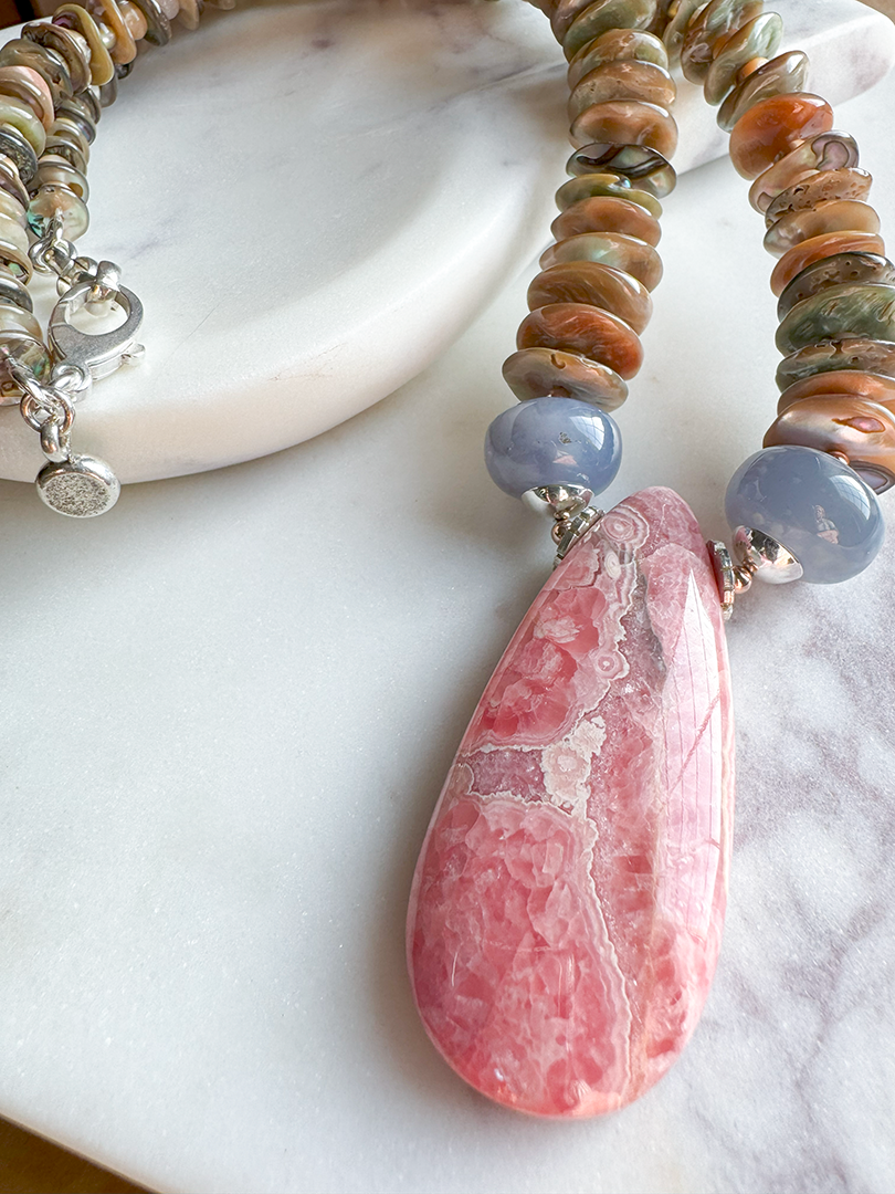 Mother of Pearl Necklace w/ Rhodochrosite Pendant