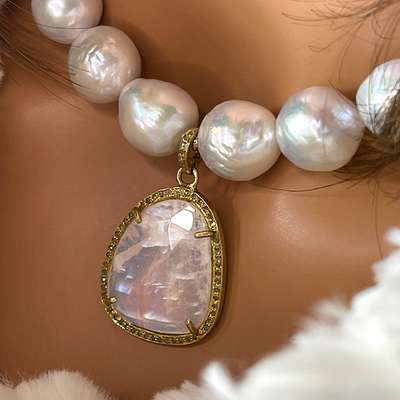 Freshwater Pearl Necklace with Faceted Rainbow Moonstone Pendant