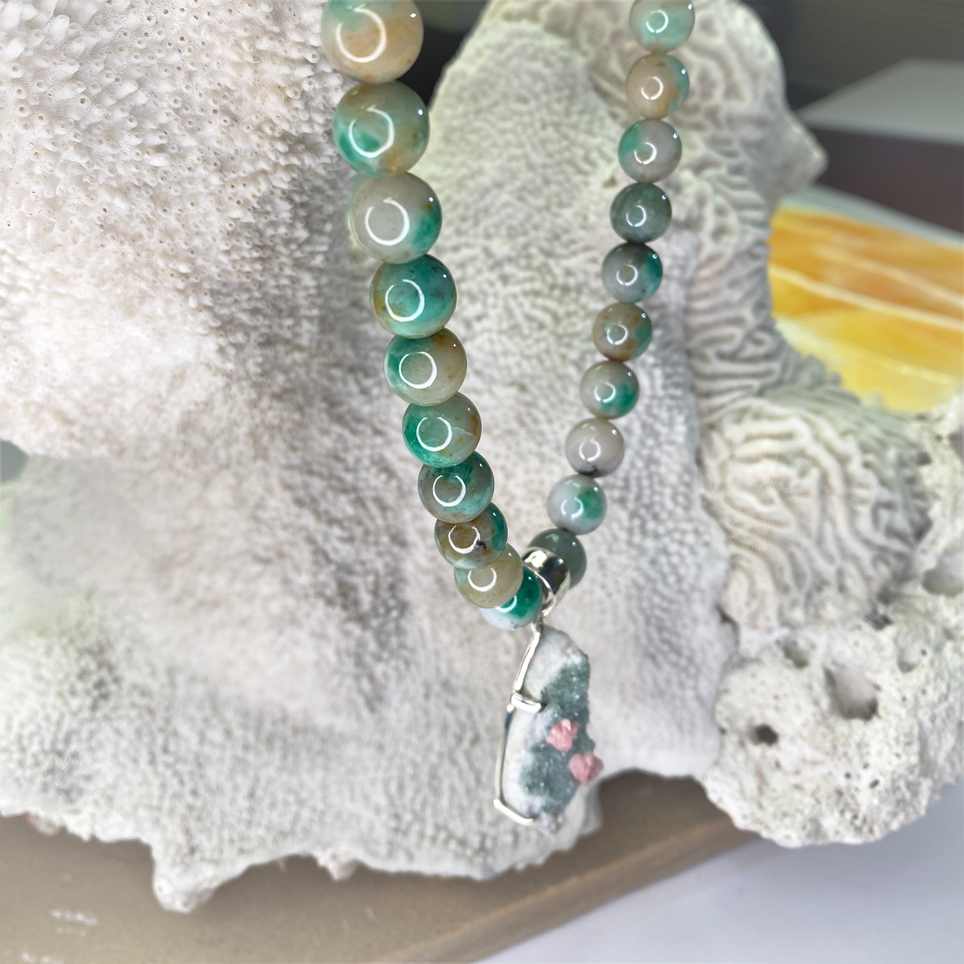 Emerald Necklace with Rhodochrosite Pendant