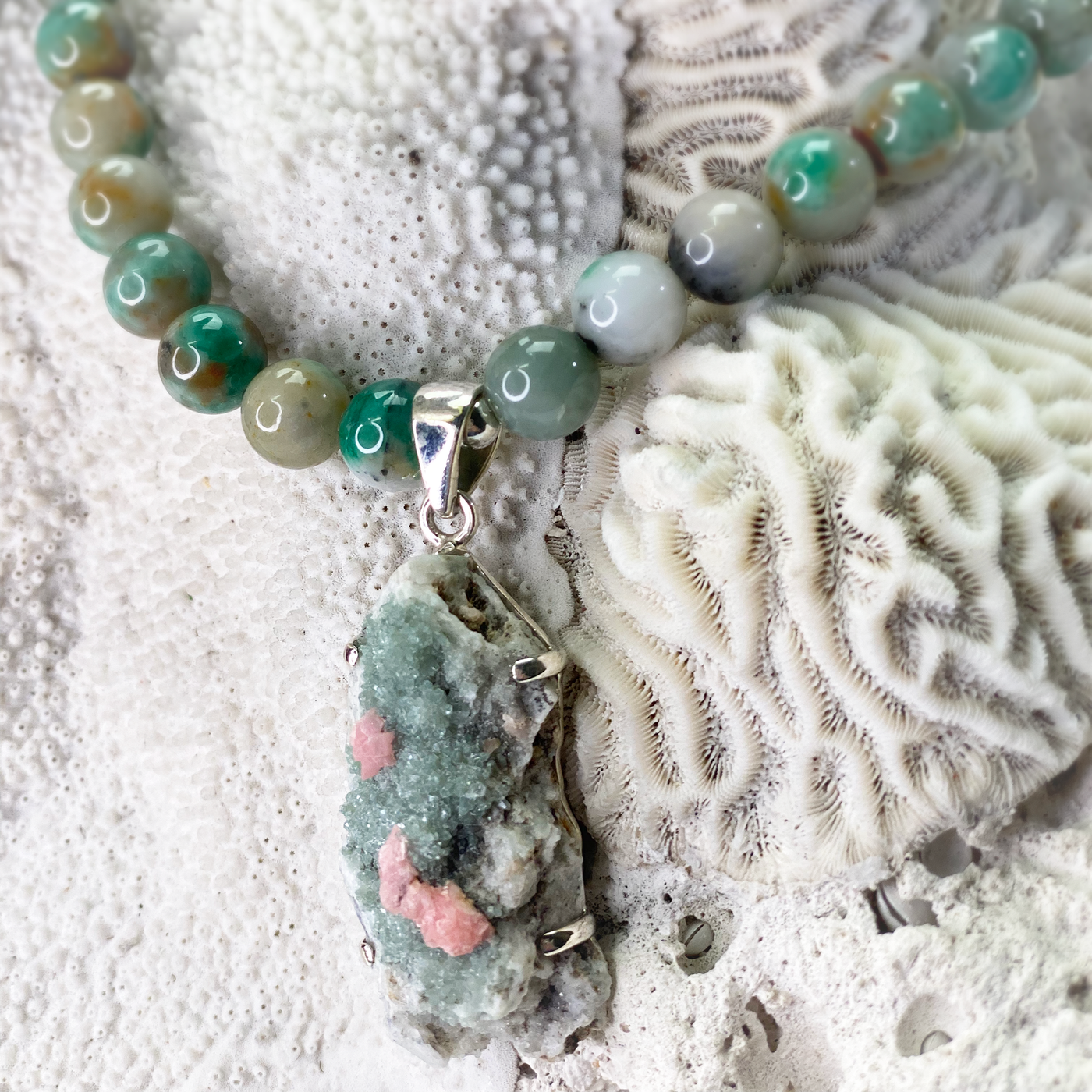 Emerald Necklace with Rhodochrosite Pendant