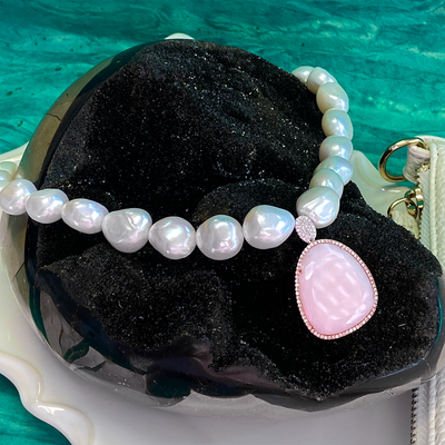 Baroque Pearl Necklace with Pink Opal Pendant
