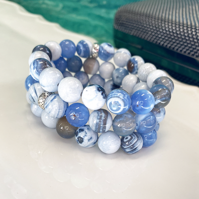 Blue & White Porcelain Agate Stretch Bracelet with Sterling Silver Charm