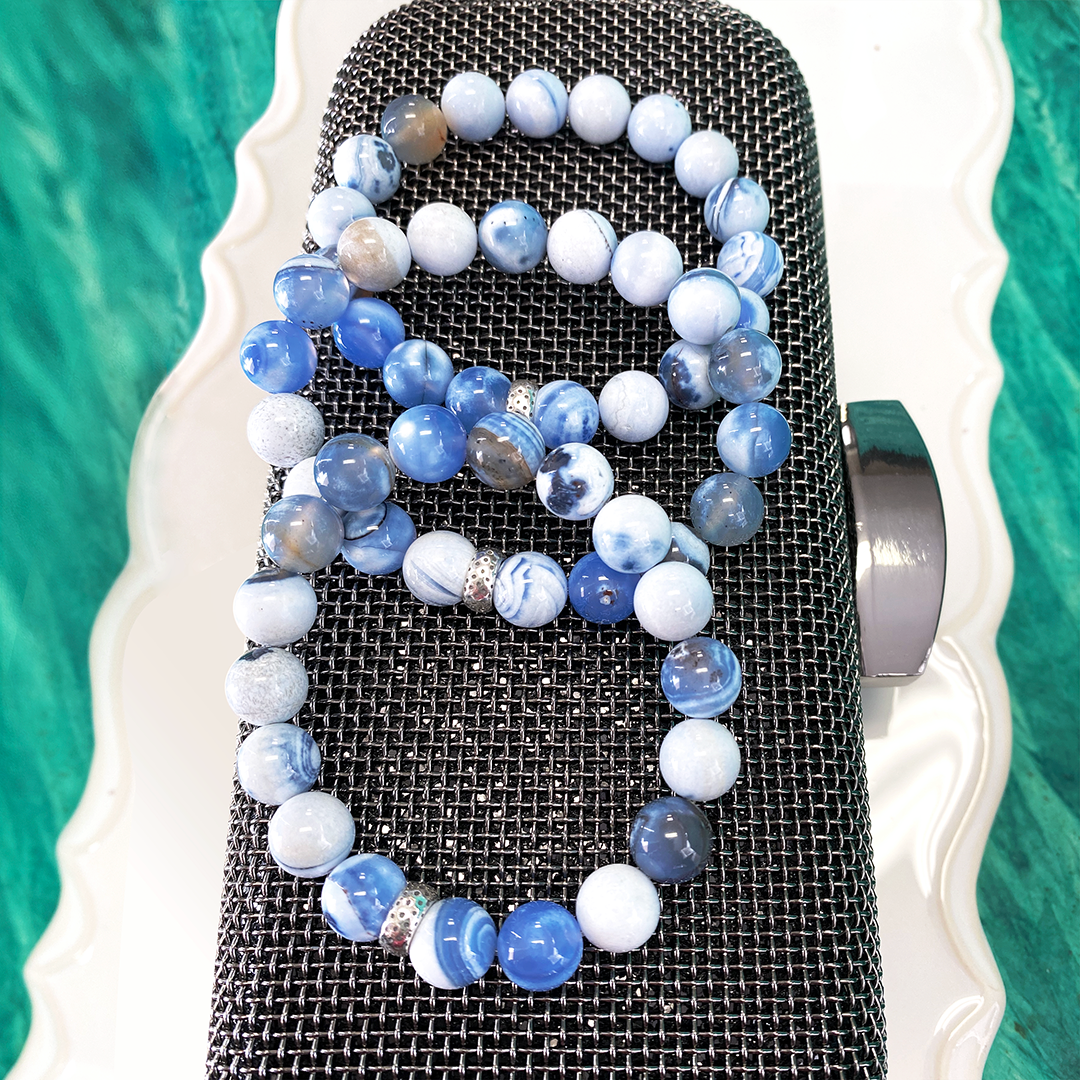 Blue & White Porcelain Agate Stretch Bracelet with Sterling Silver Charm