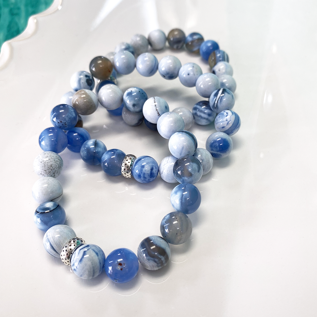 Blue & White Porcelain Agate Stretch Bracelet with Sterling Silver Charm