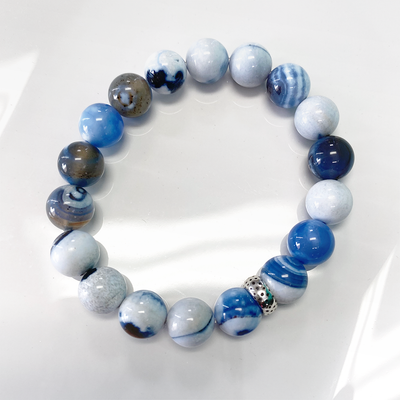 Blue & White Porcelain Agate Stretch Bracelet with Sterling Silver Charm