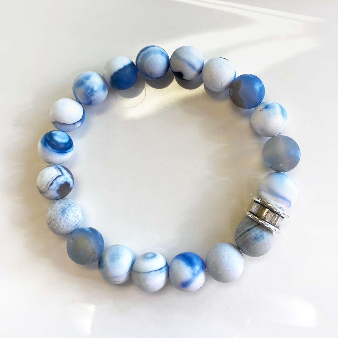 Porcelain Agate Stretch Bracelet with Sterling Silver Charm