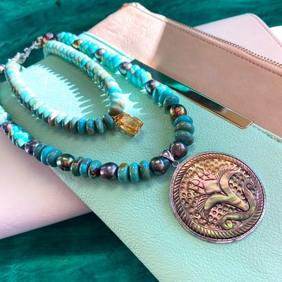 Turquoise & Grey Pearl Necklace with Mother of Pearl Pendant