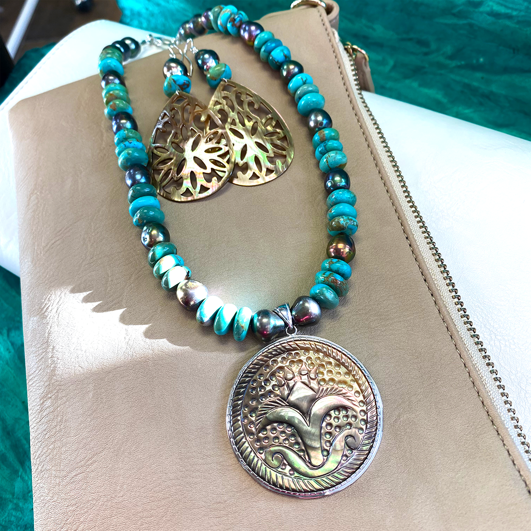 Turquoise & Grey Pearl Necklace with Mother of Pearl Pendant