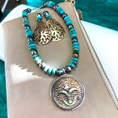 Turquoise & Grey Pearl Necklace with Mother of Pearl Pendant