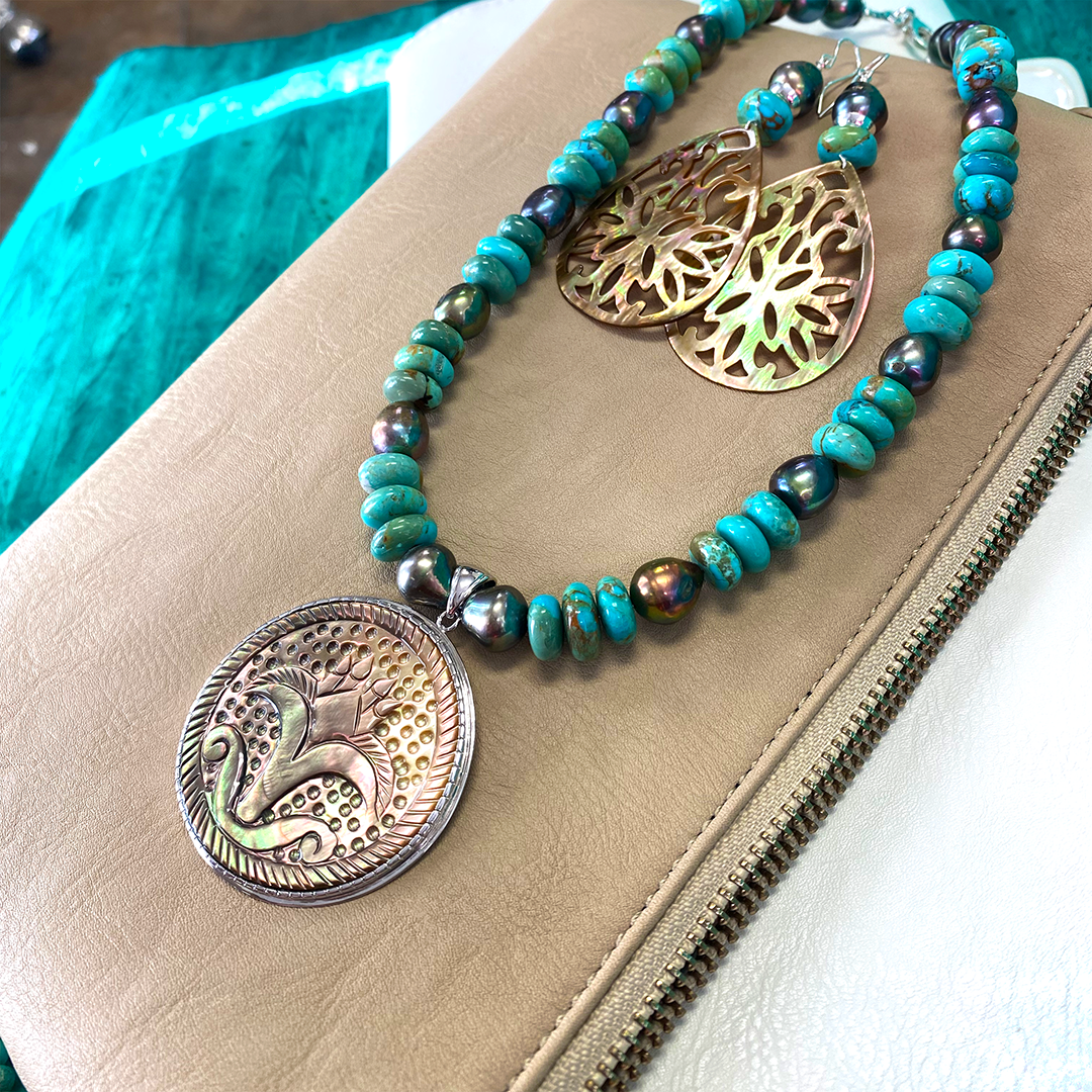 Turquoise & Grey Pearl Necklace with Mother of Pearl Pendant