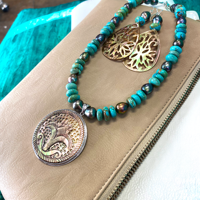 Turquoise & Grey Pearl Necklace with Mother of Pearl Pendant