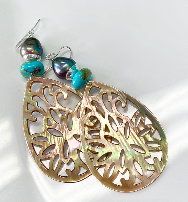 Mother of Pearl, Turquoise & Grey Pearl French Wire Earrings