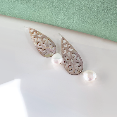 Carved Mother of Pearl Teardrop Earrings with Baroque Freshwater Pearls