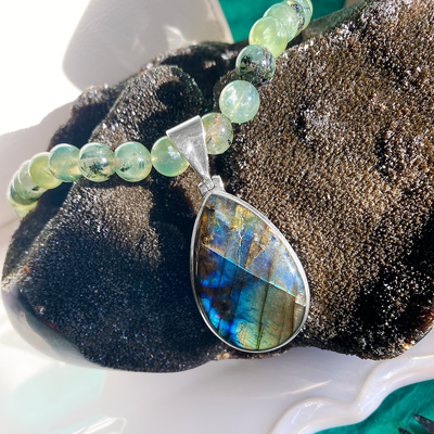 Tourmalated Prehnite Necklace with A Grade Spectrolite Pendant