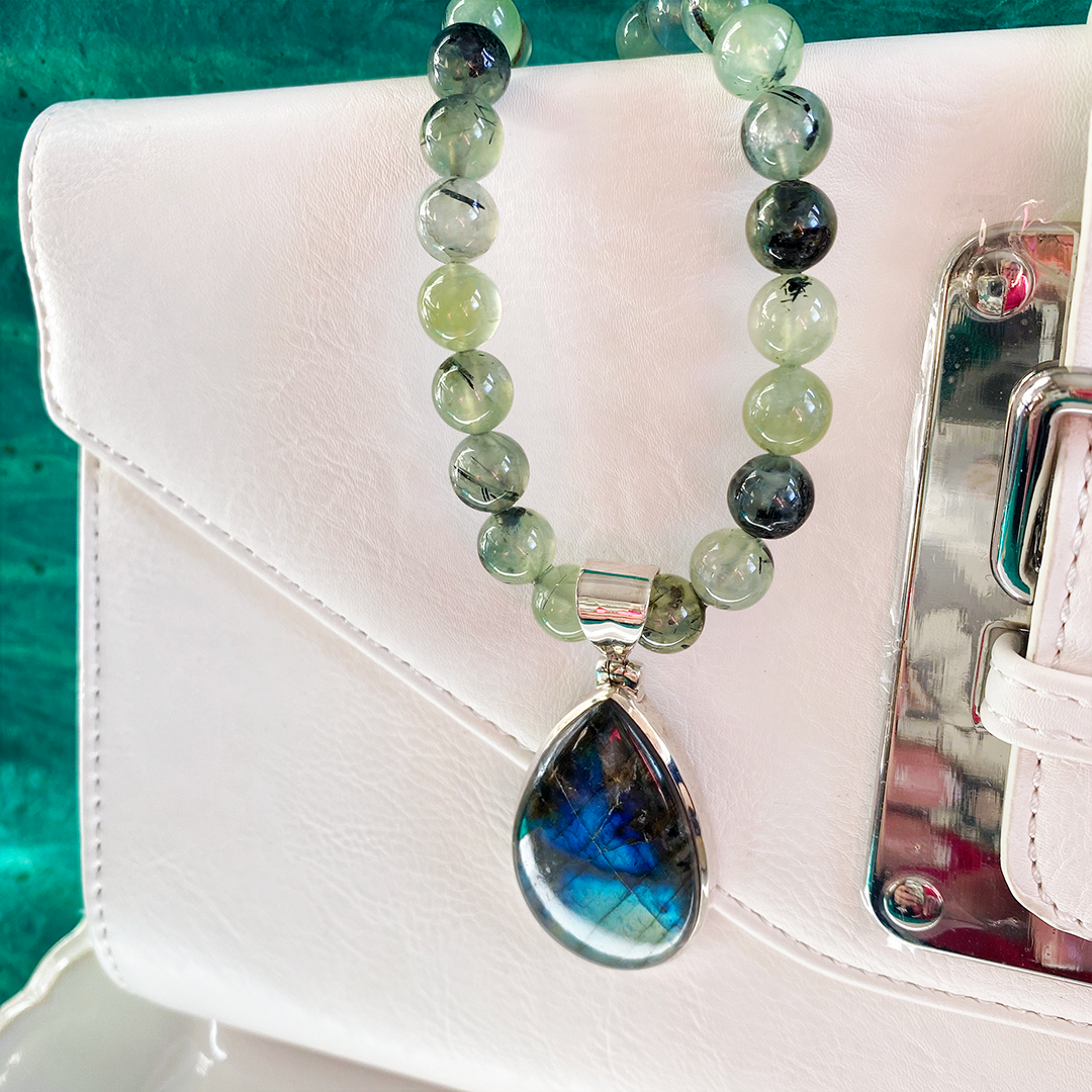 Tourmalated Prehnite Necklace with A Grade Spectrolite Pendant